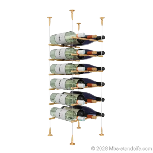 [SCS15BR-PCWR3050BR-K6] Merlot - Sonoma Collection Bottle Display Peg Kit With "O" Ring, 18-Bottle (3x6) Capacity, Floating Cable System, Pegs: 1/2″ × 11-1/2" with Champagne Anodized Finish