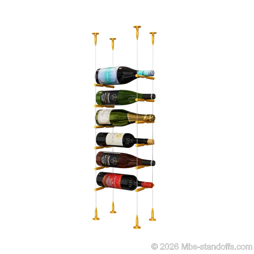 Merlot - Sonoma Collection Bottle Display Peg Kit, 6-Bottle Capacity, Floating Cable System, Pegs: 1/2″ × 6" with Gold Anodized Finish