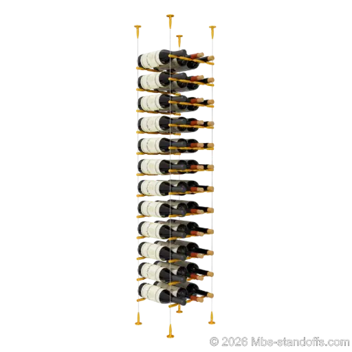 [SCS15G-PCW3050G-K12] Merlot - Sonoma Collection Bottle Display Peg Kit, 36-Bottle (3x12) Capacity, Floating Cable System, Pegs: 1/2″ × 11-1/2" with Gold Anodized Finish