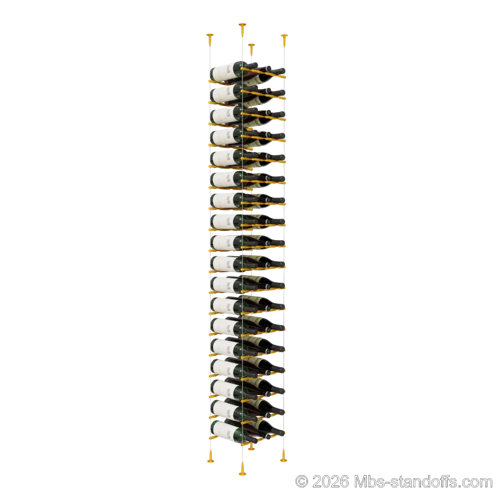 Merlot - Sonoma Collection Bottle Display Peg Kit, 54-Bottle (3x18) Capacity, Floating Cable System, Pegs: 1/2″ × 11-1/2" with Gold Anodized Finish