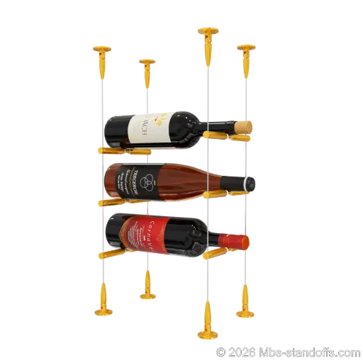 [SCS15G-PCWR1050G-K3] Merlot - Sonoma Collection Bottle Display Peg Kit With "O" Ring, 3-Bottle Capacity, Floating Cable System, Pegs: 1/2″ × 6" with Gold Anodized Finish