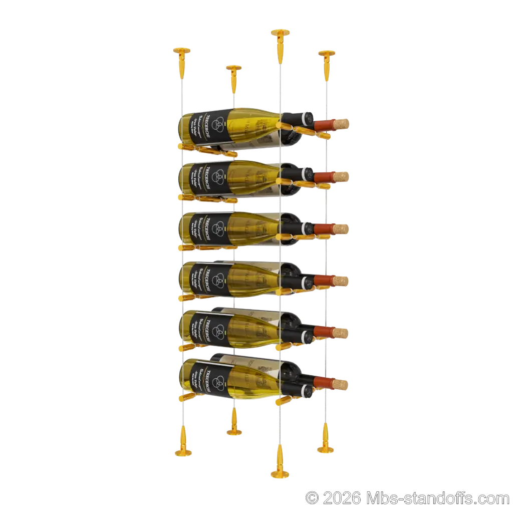 Merlot - Sonoma Collection Bottle Display Peg Kit With "O" Ring, 12-Bottle (2x6) Capacity, Floating Cable System, Pegs: 1/2″ × 7-1/2" with Gold Anodized Finish