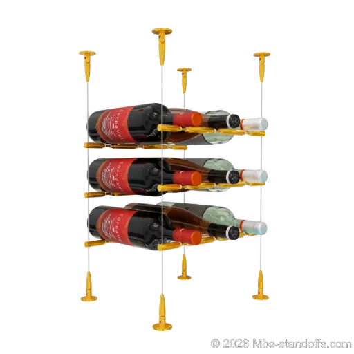 [SCS15G-PCWR3050G-K3] Merlot - Sonoma Collection Bottle Display Peg Kit With "O" Ring, 9-Bottle (3x3) Capacity, Floating Cable System, Pegs: 1/2″ × 11-1/2" with Gold Anodized Finish