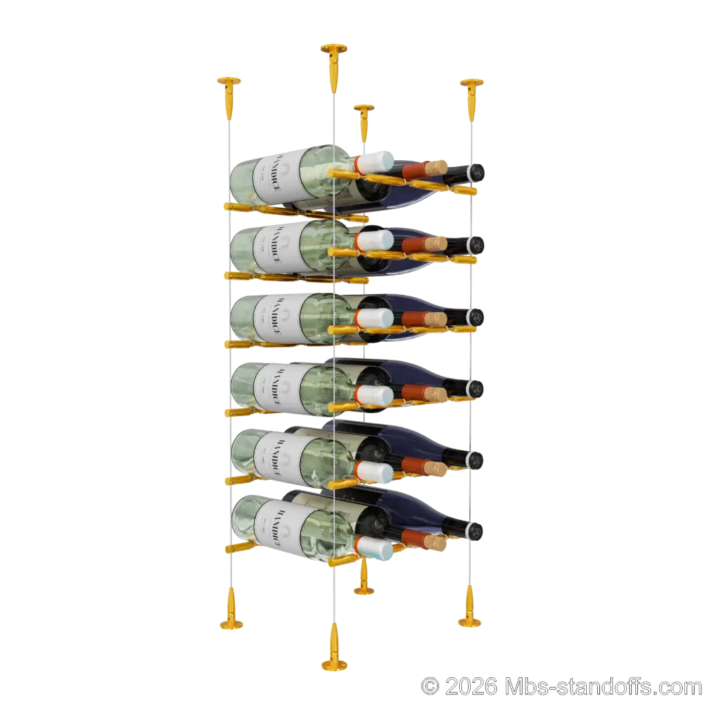 Merlot - Sonoma Collection Bottle Display Peg Kit With "O" Ring, 18-Bottle (3x6) Capacity, Floating Cable System, Pegs: 1/2″ × 11-1/2" with Gold Anodized Finish