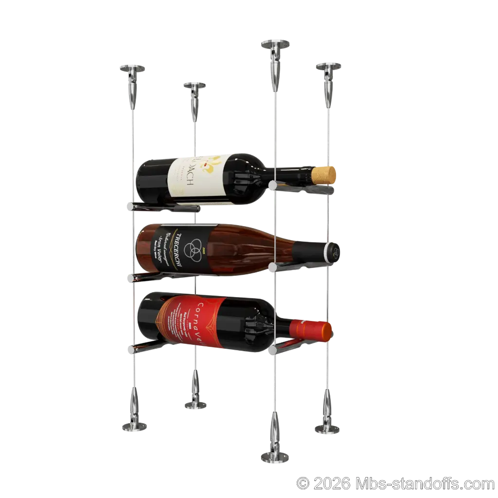 Merlot - Sonoma Collection Bottle Display Peg Kit, 3-Bottle Capacity, Floating Cable System, Pegs: 1/2″ × 6" with Chrome Mirror Finish
