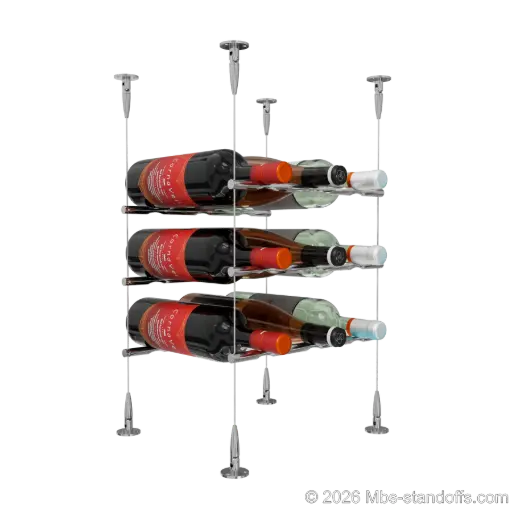 [SCS15CP-PCW3050CP-K3] Merlot - Sonoma Collection Bottle Display Peg Kit, 9-Bottle (3x3) Capacity, Floating Cable System, Pegs: 1/2″ × 11-1/2" with Chrome Mirror Finish