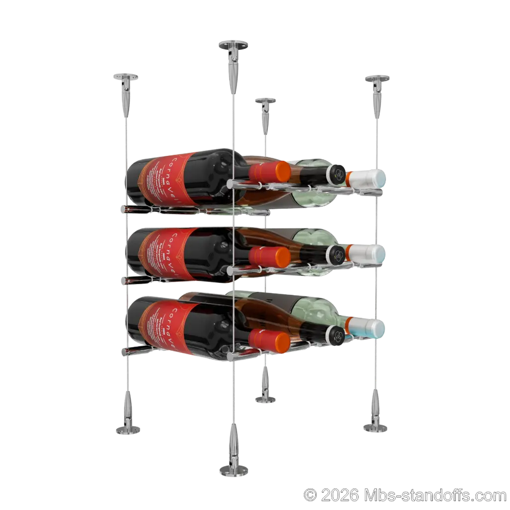 Merlot - Sonoma Collection Bottle Display Peg Kit With "O" Ring, 9-Bottle (3x3) Capacity, Floating Cable System, Pegs: 1/2″ × 11-1/2" with Chrome Mirror Finish