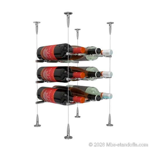 [SCS15CP-PCWR3050CP-K3] Merlot - Sonoma Collection Bottle Display Peg Kit With "O" Ring, 9-Bottle (3x3) Capacity, Floating Cable System, Pegs: 1/2″ × 11-1/2" with Chrome Mirror Finish
