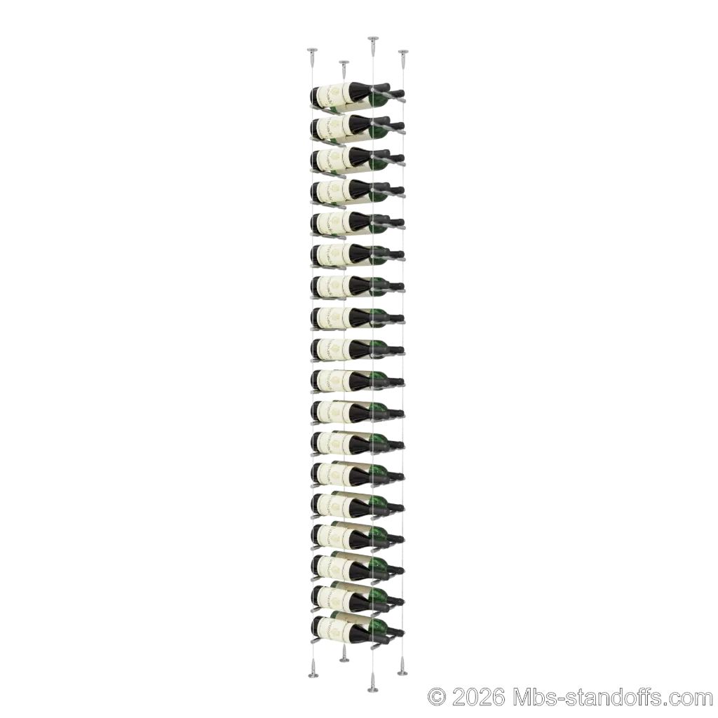 Merlot - Sonoma Collection Bottle Display Peg Kit, 36-Bottle (2x18) Capacity, Floating Cable System, Pegs: 1/2″ × 7-1/2" with Satin Brushed Finish