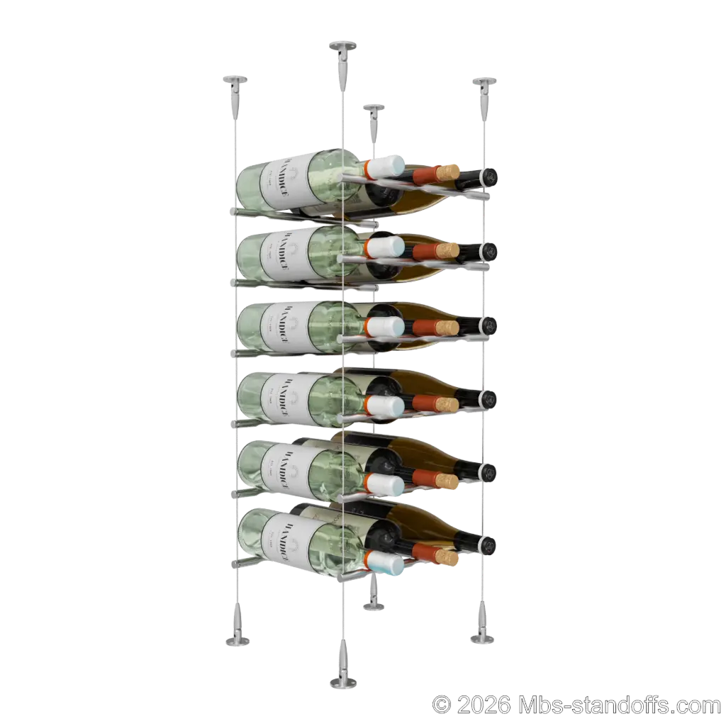 Merlot - Sonoma Collection Bottle Display Peg Kit, 18-Bottle (3x6) Capacity, Floating Cable System, Pegs: 1/2″ × 11-1/2" with Satin Brushed Finish