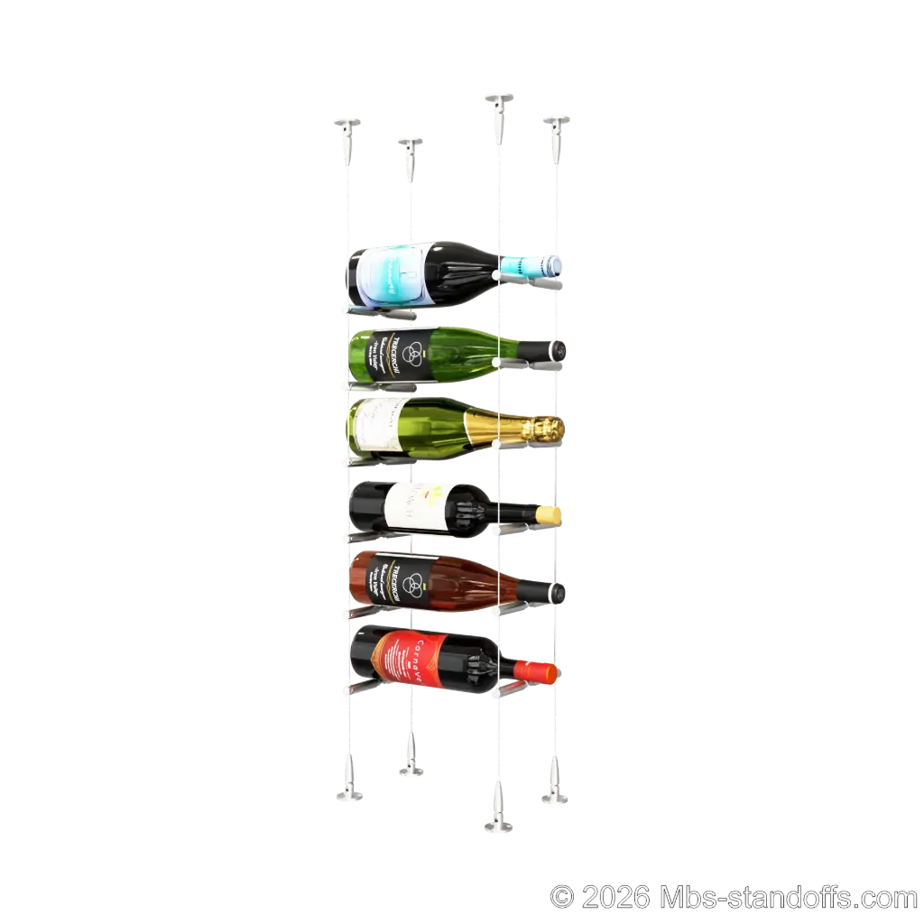 Merlot - Sonoma Collection Bottle Display Peg Kit With "O" Ring, 6-Bottle Capacity, Floating Cable System, Pegs: 1/2″ × 6" with Satin Brushed Finish