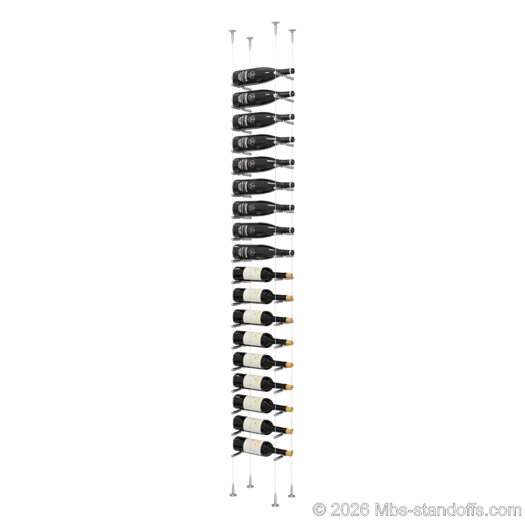 Merlot - Sonoma Collection Bottle Display Peg Kit With "O" Ring, 18-Bottle Capacity, Floating Cable System, Pegs: 1/2″ × 6" with Satin Brushed Finish