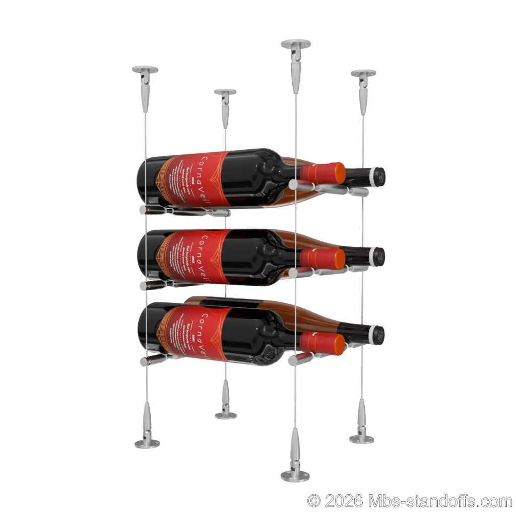 Merlot - Sonoma Collection Bottle Display Peg Kit With "O" Ring, 6-Bottle (2x3) Capacity, Floating Cable System, Pegs: 1/2″ × 7-1/2" with Satin Brushed Finish