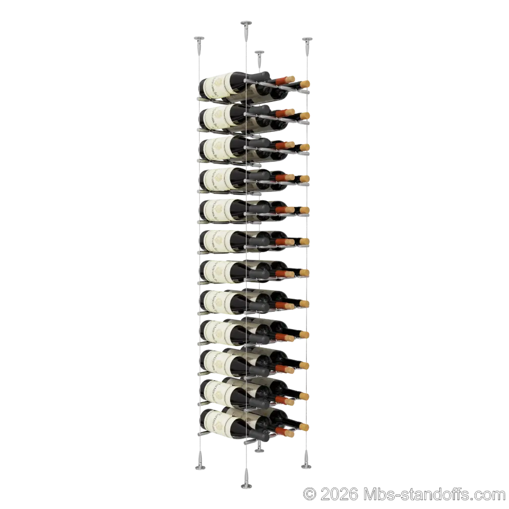 Merlot - Sonoma Collection Bottle Display Peg Kit With "O" Ring, 36-Bottle (3x12) Capacity, Floating Cable System, Pegs: 1/2″ × 11-1/2" with Satin Brushed Finish
