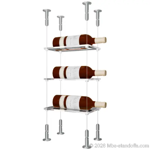 [CS15A-CF01C-K3] Sauvignon - Loire Collection Bottle Display Cable Cradle Kit, 3-Bottle Capacity, Floating Cable System, 1-Bottle Flat Acrylic Cradle, Cable: 1/16″ Diameter, 13′-1″ Length with Clear Anodized Hanger
