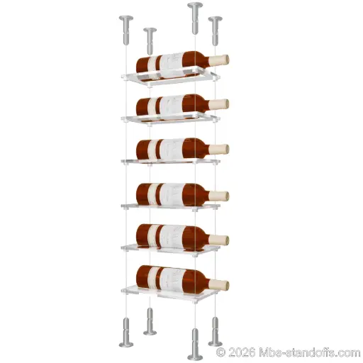 [CS15A-CF01C-K6] Sauvignon - Loire Collection Bottle Display Cable Cradle Kit, 6-Bottle Capacity, Floating Cable System, 1-Bottle Flat Acrylic Cradle, Cable: 1/16″ Diameter, 13′-1″ Length with Clear Anodized Hanger