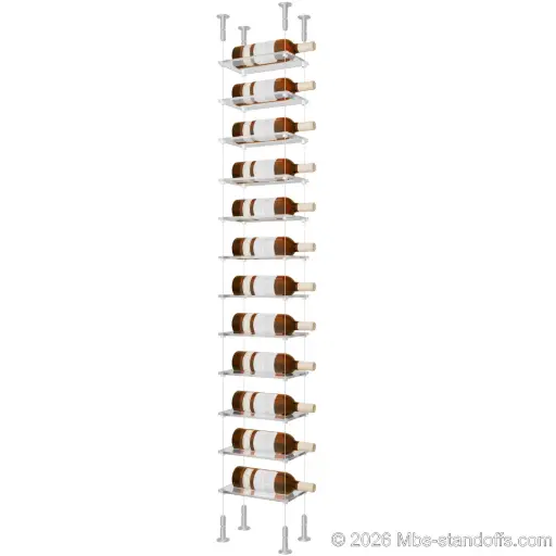 [CS15A-CF01C-K12] Sauvignon - Loire Collection Bottle Display Cable Cradle Kit, 12-Bottle Capacity, Floating Cable System, 1-Bottle Flat Acrylic Cradle, Cable: 1/16″ Diameter, 13′-1″ Length with Clear Anodized Hanger