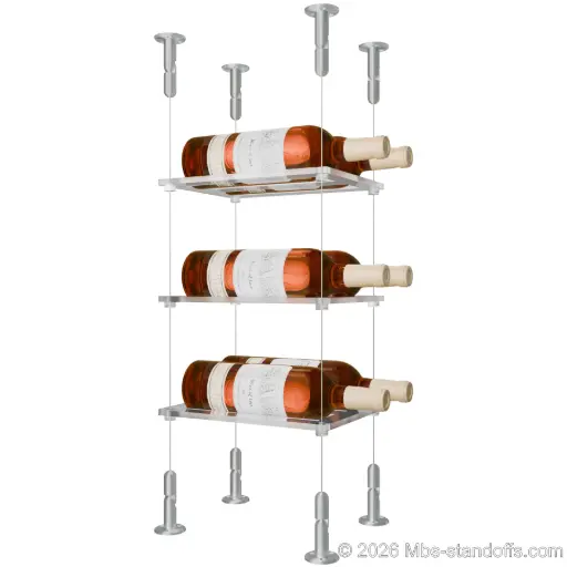 [CS15A-CF02C-K3] Sauvignon - Loire Collection Bottle Display Cable Cradle Kit, 6-Bottle (2x3) Capacity, Floating Cable System, 2-Bottle Flat Acrylic Cradle, Cable: 1/16″ Diameter, 13′-1″ Length with Clear Anodized Hanger