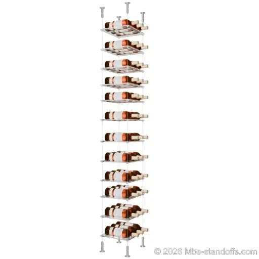 [CS15A-CF03C-K12] Sauvignon - Loire Collection Bottle Display Cable Cradle Kit, 36-Bottle (3x12) Capacity, Floating Cable System, 3-Bottle Flat Acrylic Cradle, Cable: 1/16″ Diameter, 13′-1″ Length with Clear Anodized Hanger