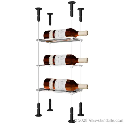 [CS15MB-CF01C-K3] Sauvignon - Loire Collection Bottle Display Cable Cradle Kit, 3-Bottle Capacity, Floating Cable System, 1-Bottle Flat Acrylic Cradle, Cable: 1/16″ Diameter, 13′-1″ Length with Matte Black Anodized Hanger