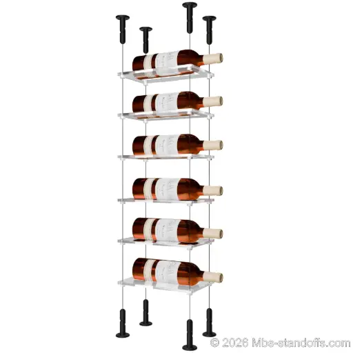 [CS15MB-CF01C-K6] Sauvignon - Loire Collection Bottle Display Cable Cradle Kit, 6-Bottle Capacity, Floating Cable System, 1-Bottle Flat Acrylic Cradle, Cable: 1/16″ Diameter, 13′-1″ Length with Matte Black Anodized Hanger