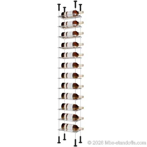 [CS15MB-CF01C-K12] Sauvignon - Loire Collection Bottle Display Cable Cradle Kit, 12-Bottle Capacity, Floating Cable System, 1-Bottle Flat Acrylic Cradle, Cable: 1/16″ Diameter, 13′-1″ Length with Matte Black Anodized Hanger