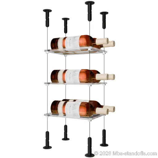 [CS15MB-CF02C-K3] Sauvignon - Loire Collection Bottle Display Cable Cradle Kit, 6-Bottle (2x3) Capacity, Floating Cable System, 2-Bottle Flat Acrylic Cradle, Cable: 1/16″ Diameter, 13′-1″ Length with Matte Black Anodized Hanger
