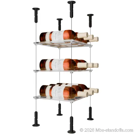 [CS15MB-CF03C-K3] Sauvignon - Loire Collection Bottle Display Cable Cradle Kit, 9-Bottle (3x3) Capacity, Floating Cable System, 3-Bottle Flat Acrylic Cradle, Cable: 1/16″ Diameter, 13′-1″ Length with Matte Black Anodized Hanger