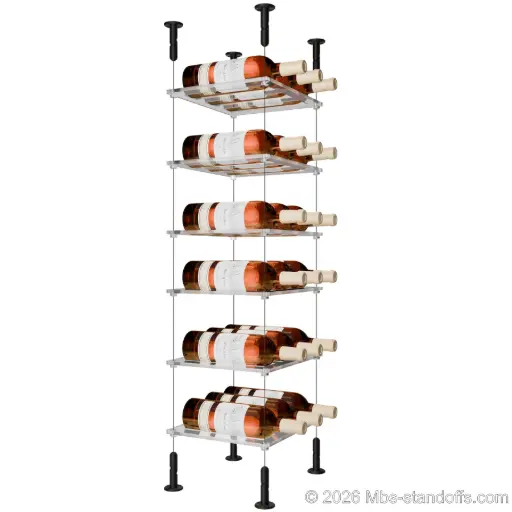 [CS15MB-CF03C-K6] Sauvignon - Loire Collection Bottle Display Cable Cradle Kit, 18-Bottle (3x6) Capacity, Floating Cable System, 3-Bottle Flat Acrylic Cradle, Cable: 1/16″ Diameter, 13′-1″ Length with Matte Black Anodized Hanger