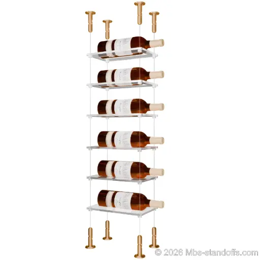 [CS15BR-CF01C-K6] Sauvignon - Loire Collection Bottle Display Cable Cradle Kit, 6-Bottle Capacity, Floating Cable System, 1-Bottle Flat Acrylic Cradle, Cable: 1/16″ Diameter, 13′-1″ Length with Champagne Anodized Hanger