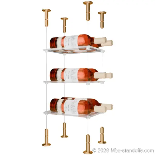 [CS15BR-CF02C-K3] Sauvignon - Loire Collection Bottle Display Cable Cradle Kit, 6-Bottle (2x3) Capacity, Floating Cable System, 2-Bottle Flat Acrylic Cradle, Cable: 1/16″ Diameter, 13′-1″ Length with Champagne Anodized Hanger