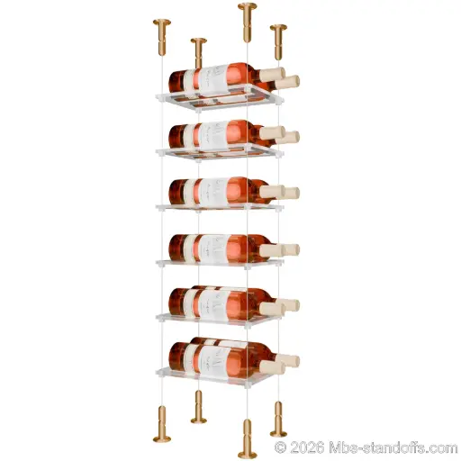 [CS15BR-CF02C-K6] Sauvignon - Loire Collection Bottle Display Cable Cradle Kit, 12-Bottle (2x6) Capacity, Floating Cable System, 2-Bottle Flat Acrylic Cradle, Cable: 1/16″ Diameter, 13′-1″ Length with Champagne Anodized Hanger