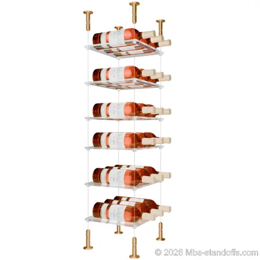 [CS15BR-CF03C-K6] Sauvignon - Loire Collection Bottle Display Cable Cradle Kit, 18-Bottle (3x6) Capacity, Floating Cable System, 3-Bottle Flat Acrylic Cradle, Cable: 1/16″ Diameter, 13′-1″ Length with Champagne Anodized Hanger