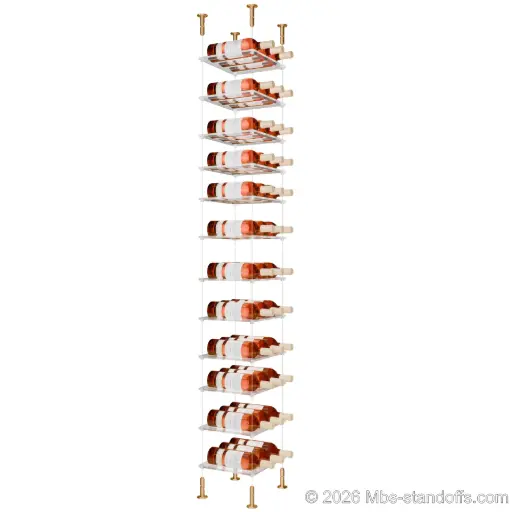 [CS15BR-CF03C-K12] Sauvignon - Loire Collection Bottle Display Cable Cradle Kit, 36-Bottle (3x12) Capacity, Floating Cable System, 3-Bottle Flat Acrylic Cradle, Cable: 1/16″ Diameter, 13′-1″ Length with Champagne Anodized Hanger