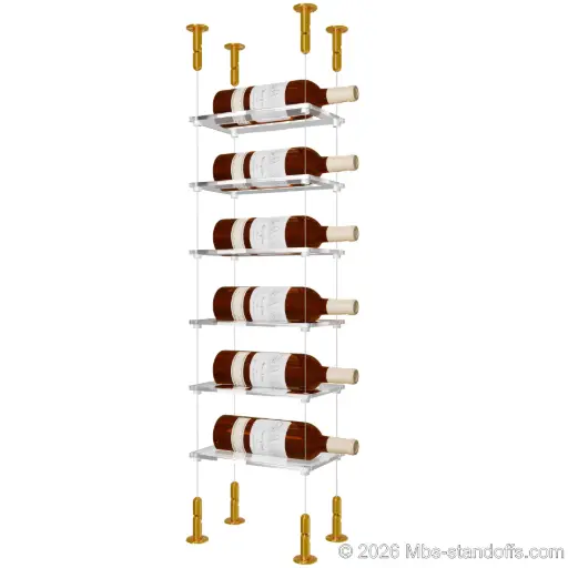 [CS15G-CF01C-K6] Sauvignon - Loire Collection Bottle Display Cable Cradle Kit, 6-Bottle Capacity, Floating Cable System, 1-Bottle Flat Acrylic Cradle, Cable: 1/16″ Diameter, 13′-1″ Length with Gold Anodized Hanger