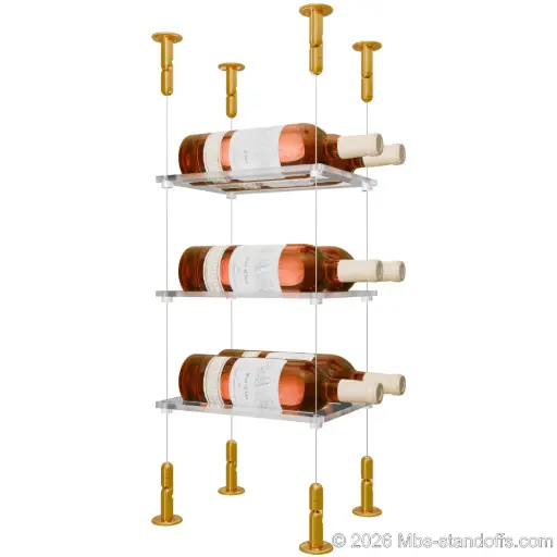 [CS15G-CF02C-K3] Sauvignon - Loire Collection Bottle Display Cable Cradle Kit, 6-Bottle (2x3) Capacity, Floating Cable System, 2-Bottle Flat Acrylic Cradle, Cable: 1/16″ Diameter, 13′-1″ Length with Gold Anodized Hanger
