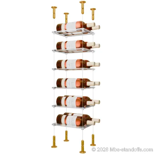 [CS15G-CF02C-K6] Sauvignon - Loire Collection Bottle Display Cable Cradle Kit, 12-Bottle (2x6) Capacity, Floating Cable System, 2-Bottle Flat Acrylic Cradle, Cable: 1/16″ Diameter, 13′-1″ Length with Gold Anodized Hanger