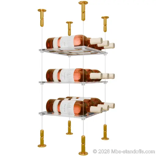 [CS15G-CF03C-K3] Sauvignon - Loire Collection Bottle Display Cable Cradle Kit, 9-Bottle (3x3) Capacity, Floating Cable System, 3-Bottle Flat Acrylic Cradle, Cable: 1/16″ Diameter, 13′-1″ Length with Gold Anodized Hanger