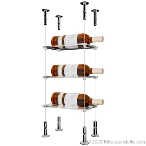 [CS15CP-CF01C-K3] Sauvignon - Loire Collection Bottle Display Cable Cradle Kit, 3-Bottle Capacity, Floating Cable System, 1-Bottle Flat Acrylic Cradle, Cable: 1/16″ Diameter, 13′-1″ Length with Chrome Mirror Hanger