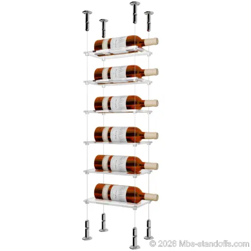 [CS15CP-CF01C-K6] Sauvignon - Loire Collection Bottle Display Cable Cradle Kit, 6-Bottle Capacity, Floating Cable System, 1-Bottle Flat Acrylic Cradle, Cable: 1/16″ Diameter, 13′-1″ Length with Chrome Mirror Hanger