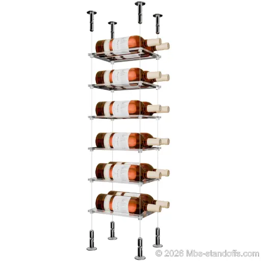 [CS15CP-CF02C-K6] Sauvignon - Loire Collection Bottle Display Cable Cradle Kit, 12-Bottle (2x6) Capacity, Floating Cable System, 2-Bottle Flat Acrylic Cradle, Cable: 1/16″ Diameter, 13′-1″ Length with Chrome Mirror Hanger