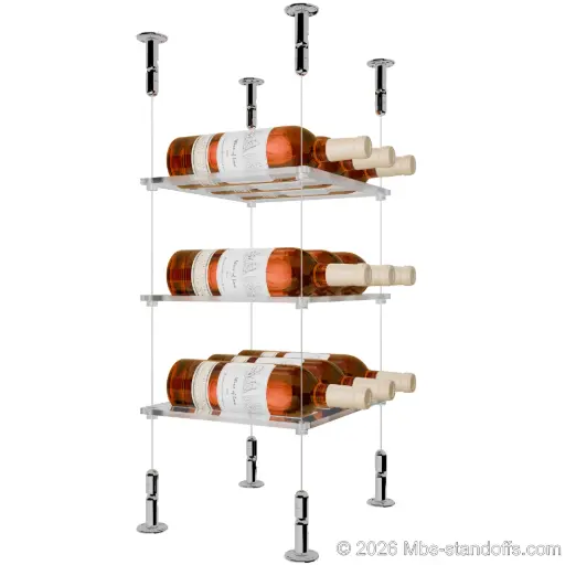 [CS15CP-CF03C-K3] Sauvignon - Loire Collection Bottle Display Cable Cradle Kit, 9-Bottle (3x3) Capacity, Floating Cable System, 3-Bottle Flat Acrylic Cradle, Cable: 1/16″ Diameter, 13′-1″ Length with Chrome Mirror Hanger