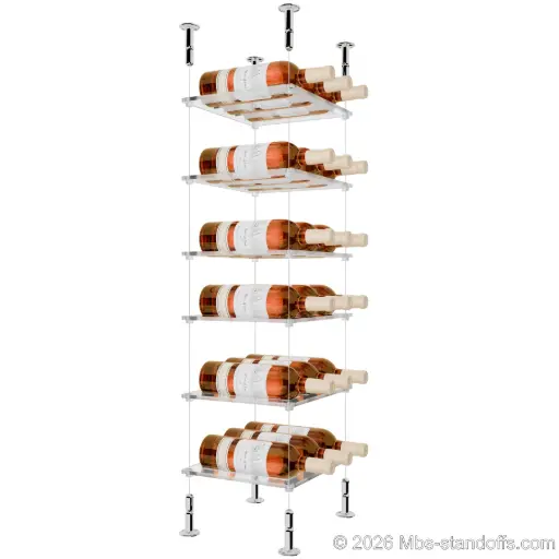 [CS15CP-CF03C-K6] Sauvignon - Loire Collection Bottle Display Cable Cradle Kit, 18-Bottle (3x6) Capacity, Floating Cable System, 3-Bottle Flat Acrylic Cradle, Cable: 1/16″ Diameter, 13′-1″ Length with Chrome Mirror Hanger