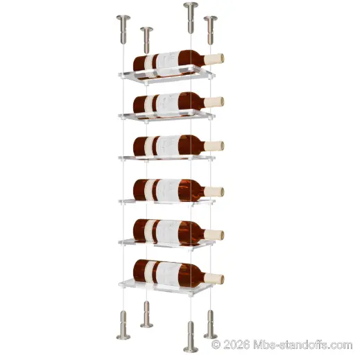 [CS15SS-CF01C-K6] Sauvignon - Loire Collection Bottle Display Cable Cradle Kit, 6-Bottle Capacity, Floating Cable System, 1-Bottle Flat Acrylic Cradle, Cable: 1/16″ Diameter, 13′-1″ Length with Satin Brushed Hanger