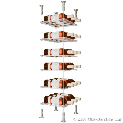 [CS15SS-CF03C-K6] Sauvignon - Loire Collection Bottle Display Cable Cradle Kit, 18-Bottle (3x6) Capacity, Floating Cable System, 3-Bottle Flat Acrylic Cradle, Cable: 1/16″ Diameter, 13′-1″ Length with Satin Brushed Hanger
