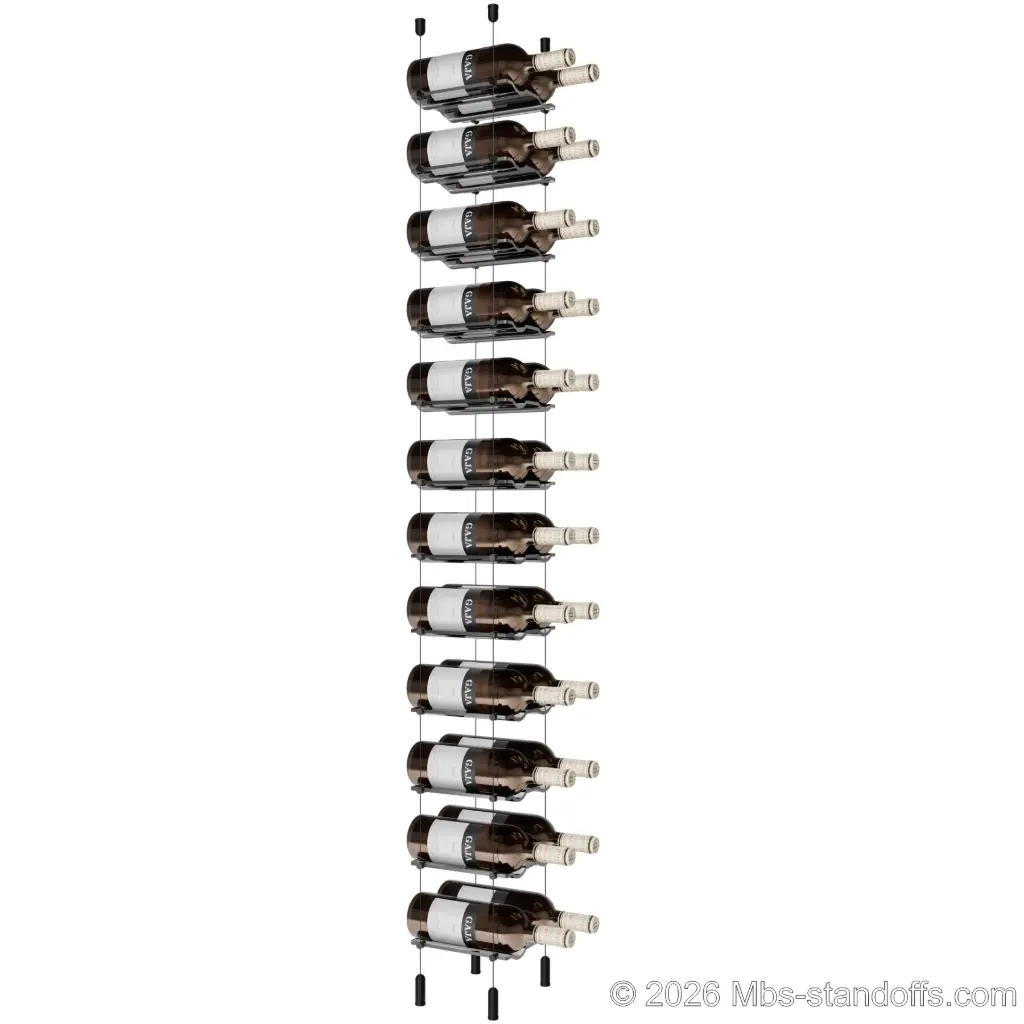 Viognier - Côte-Rôtie Collection Bottle Display Cable Cradle Kit, 24-Bottle (2x12) Capacity, Floating Cable System, 2-Bottle Wave Acrylic Cradle, Cable: 1/16″ Diameter, 13′-1″ Length with Champagne Anodized Hanger