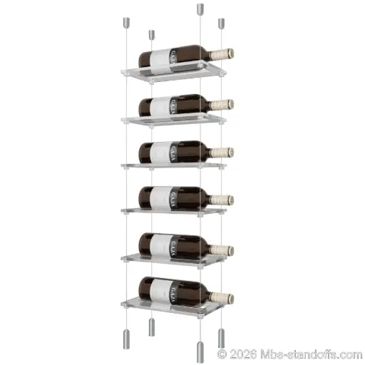 [ACG1904-CF01C-K6] Sauvignon - Pouilly-Fumé Collection Bottle Display Cable Cradle Kit, 6-Bottle Capacity, Floating Cable System, 1-Bottle Flat Acrylic Cradle, Cable: 1/16″ Diameter, 13′-1″ Length with Clear Anodized Hanger