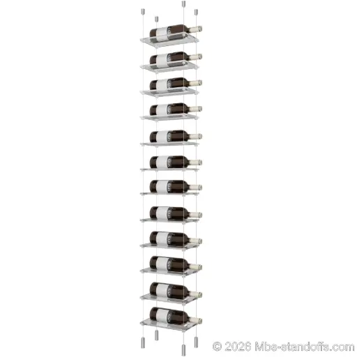 [ACG1904-CF01C-K12] Sauvignon - Pouilly-Fumé Collection Bottle Display Cable Cradle Kit, 12-Bottle Capacity, Floating Cable System, 1-Bottle Flat Acrylic Cradle, Cable: 1/16″ Diameter, 13′-1″ Length with Clear Anodized Hanger