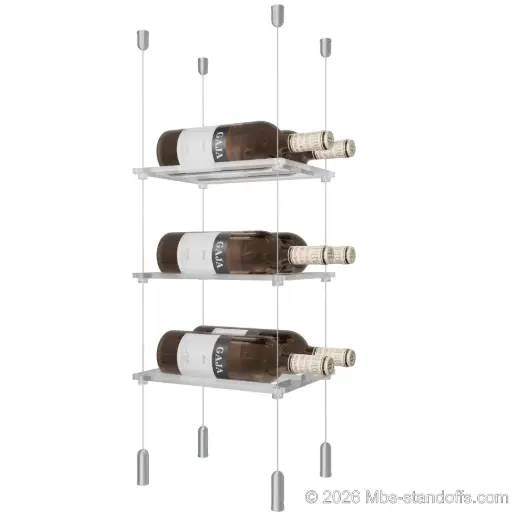 [ACG1904-CF02C-K3] Sauvignon - Pouilly-Fumé Collection Bottle Display Cable Cradle Kit, 6-Bottle (2x3) Capacity, Floating Cable System, 2-Bottle Flat Acrylic Cradle, Cable: 1/16″ Diameter, 13′-1″ Length with Clear Anodized Hanger