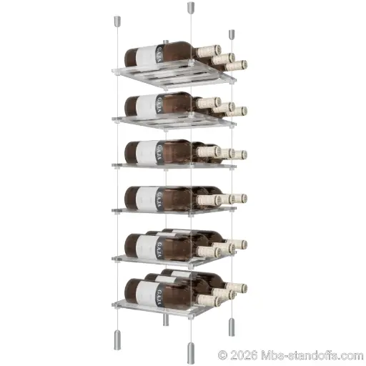 [ACG1904-CF03C-K6] Sauvignon - Pouilly-Fumé Collection Bottle Display Cable Cradle Kit, 18-Bottle (3x6) Capacity, Floating Cable System, 3-Bottle Flat Acrylic Cradle, Cable: 1/16″ Diameter, 13′-1″ Length with Clear Anodized Hanger
